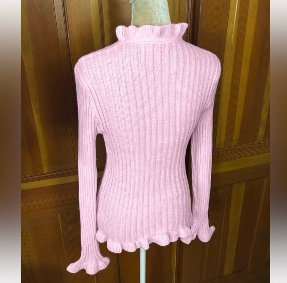 Ruffle Trim Baby Pink Button Up Sweater.