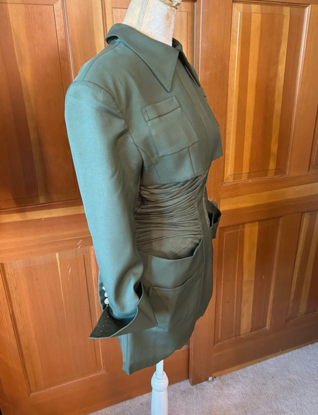 Rouched Designer Army Cape Mini Dress.
