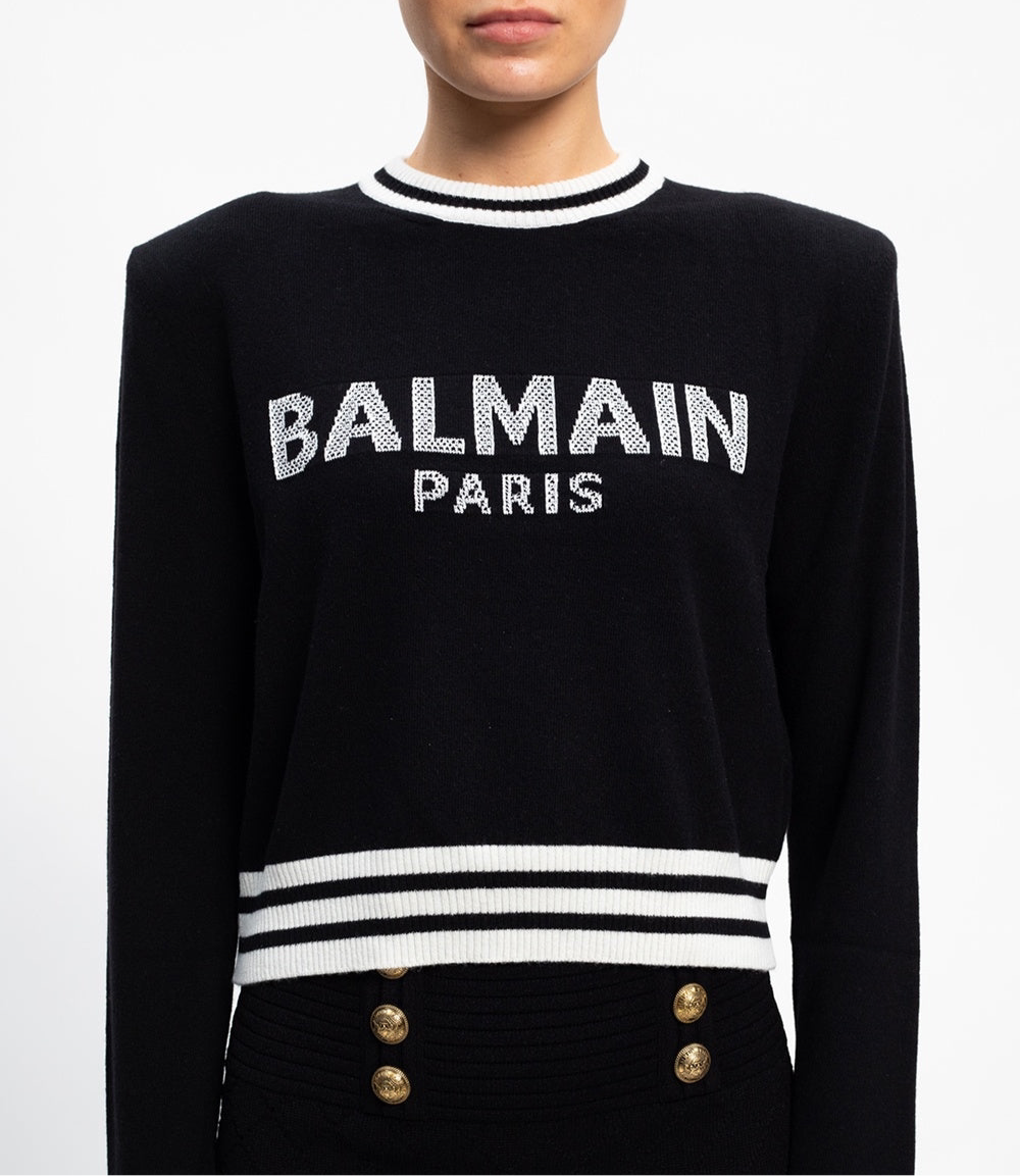 Black and White Intarsia-Knit Logo Jumper.
