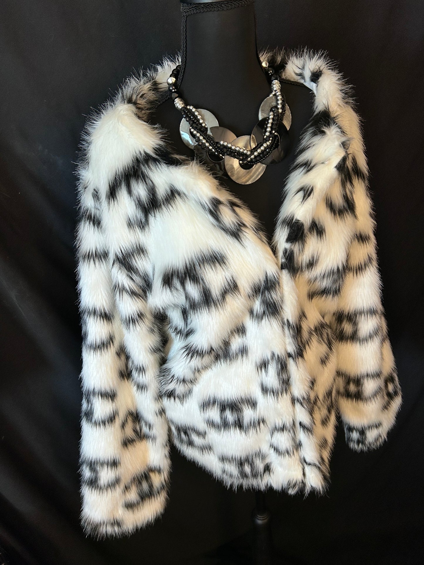 CC Salomon White and Black Faux Fur Designer Coat.