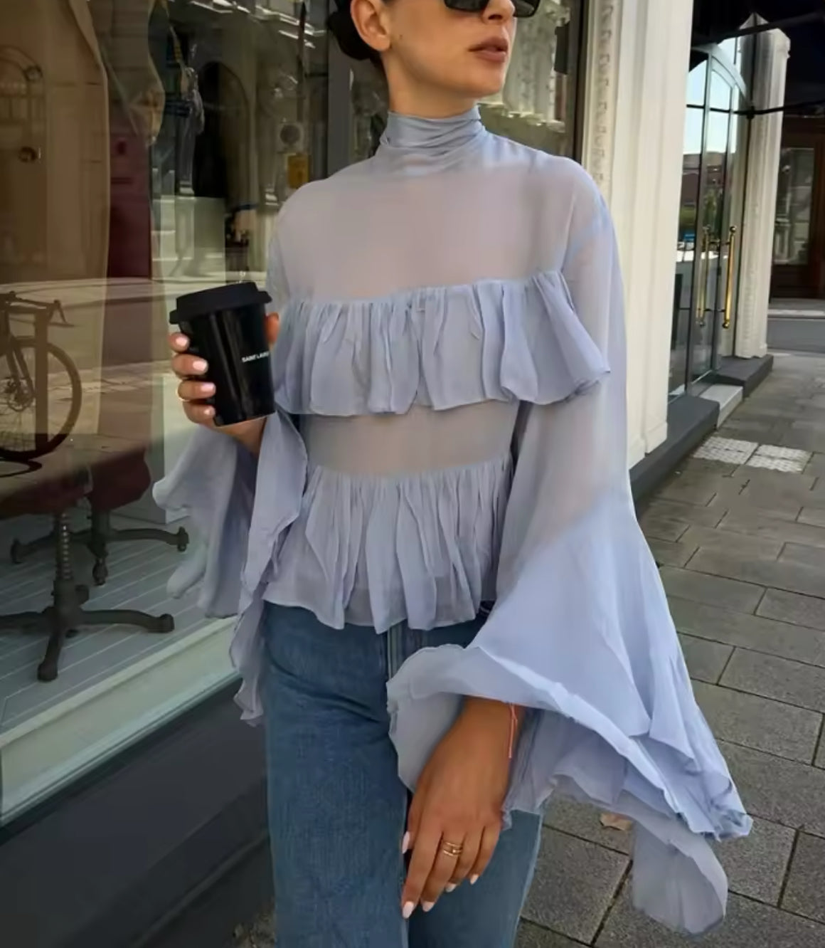 Chiffon Blue Exaggerated Ruffle Layer Blouse