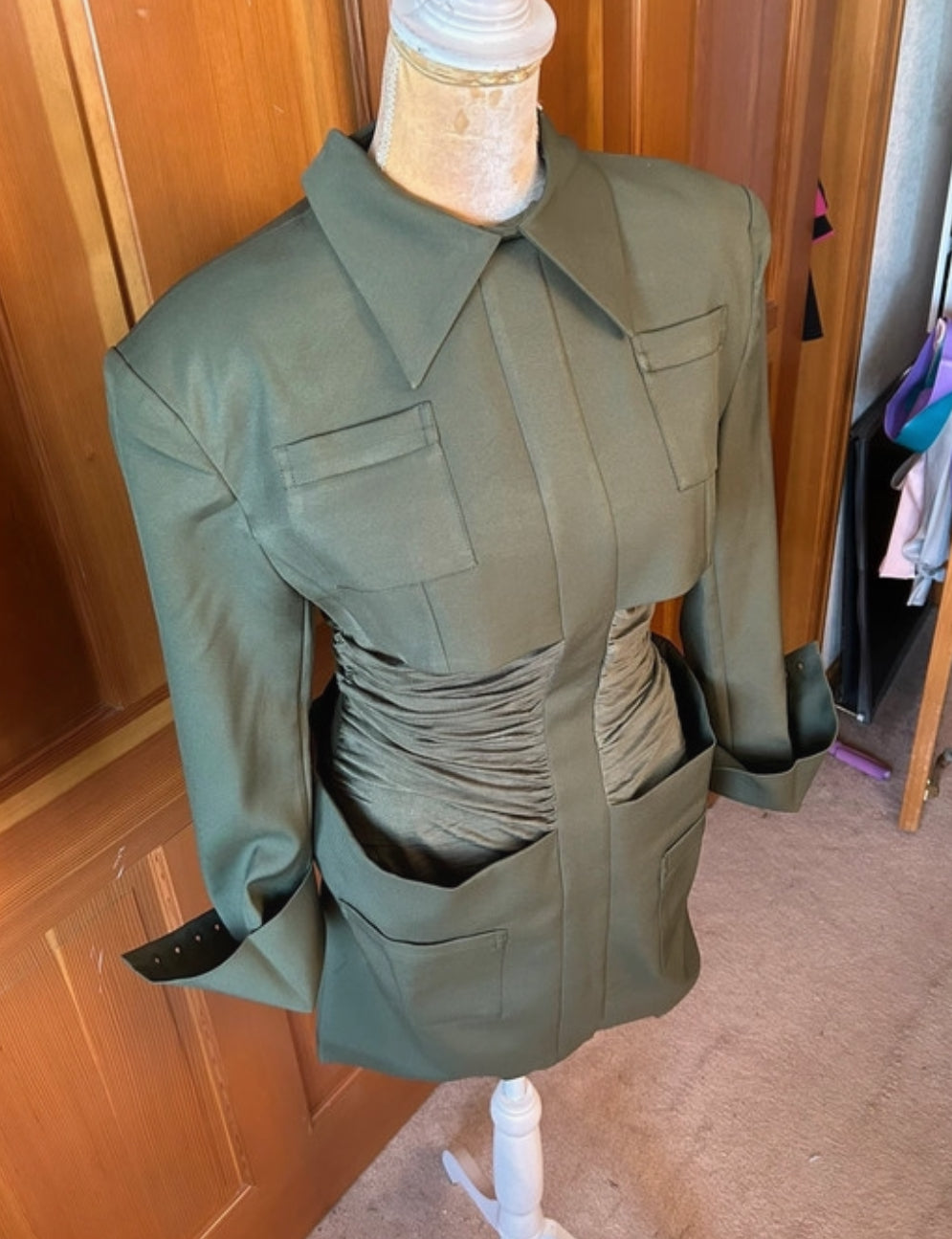 Rouched Designer Army Cape Mini Dress.