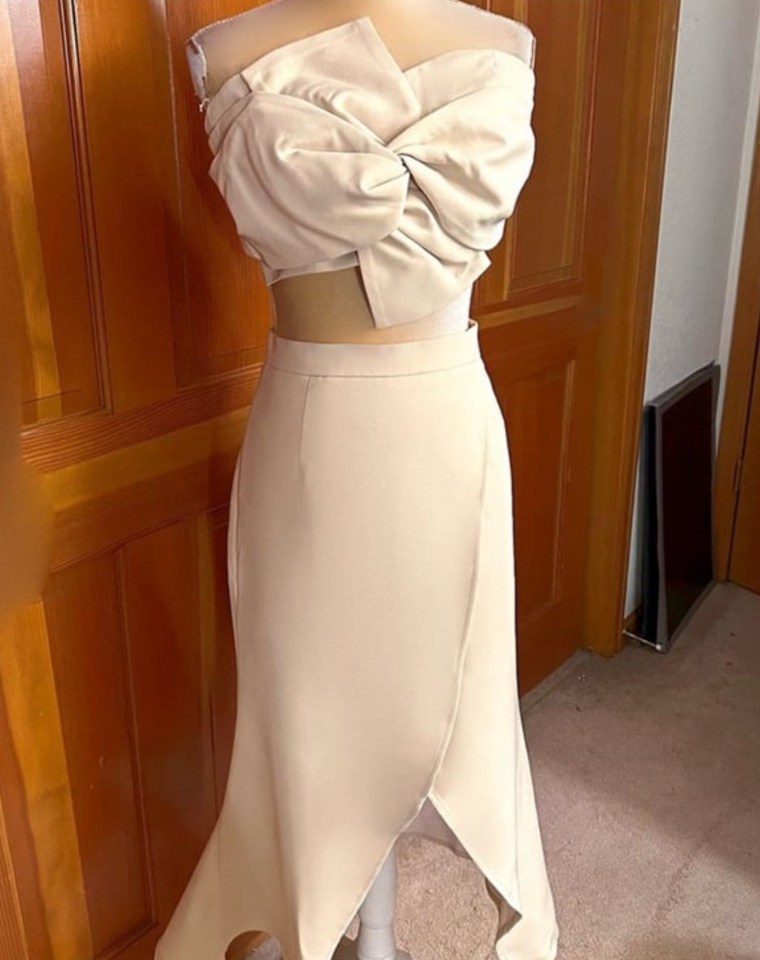 Two Piece Strapless Champagne Colored Dress with Bowknot Split