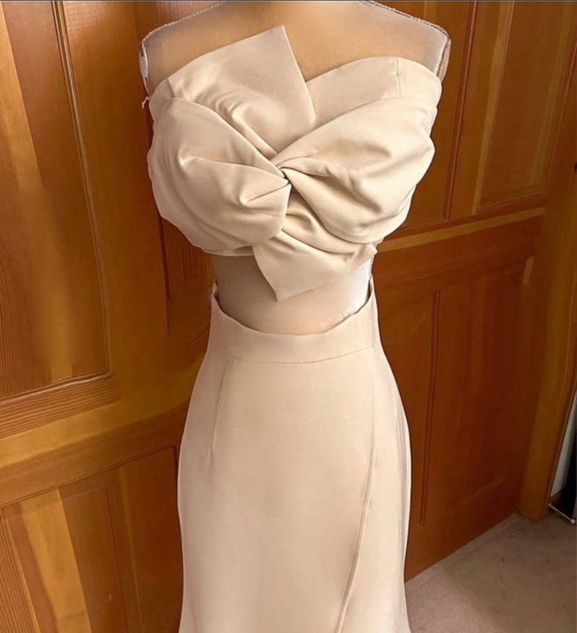 Two Piece Strapless Champagne Colored Dress with Bowknot Split