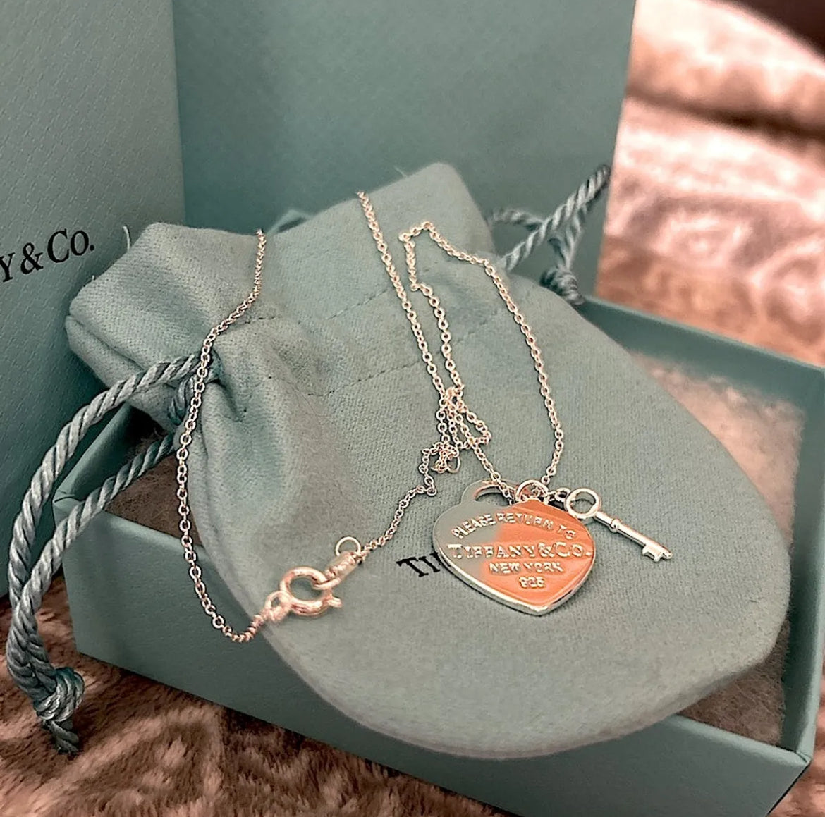 Silver Heart Stamped Pendant and Key Necklace