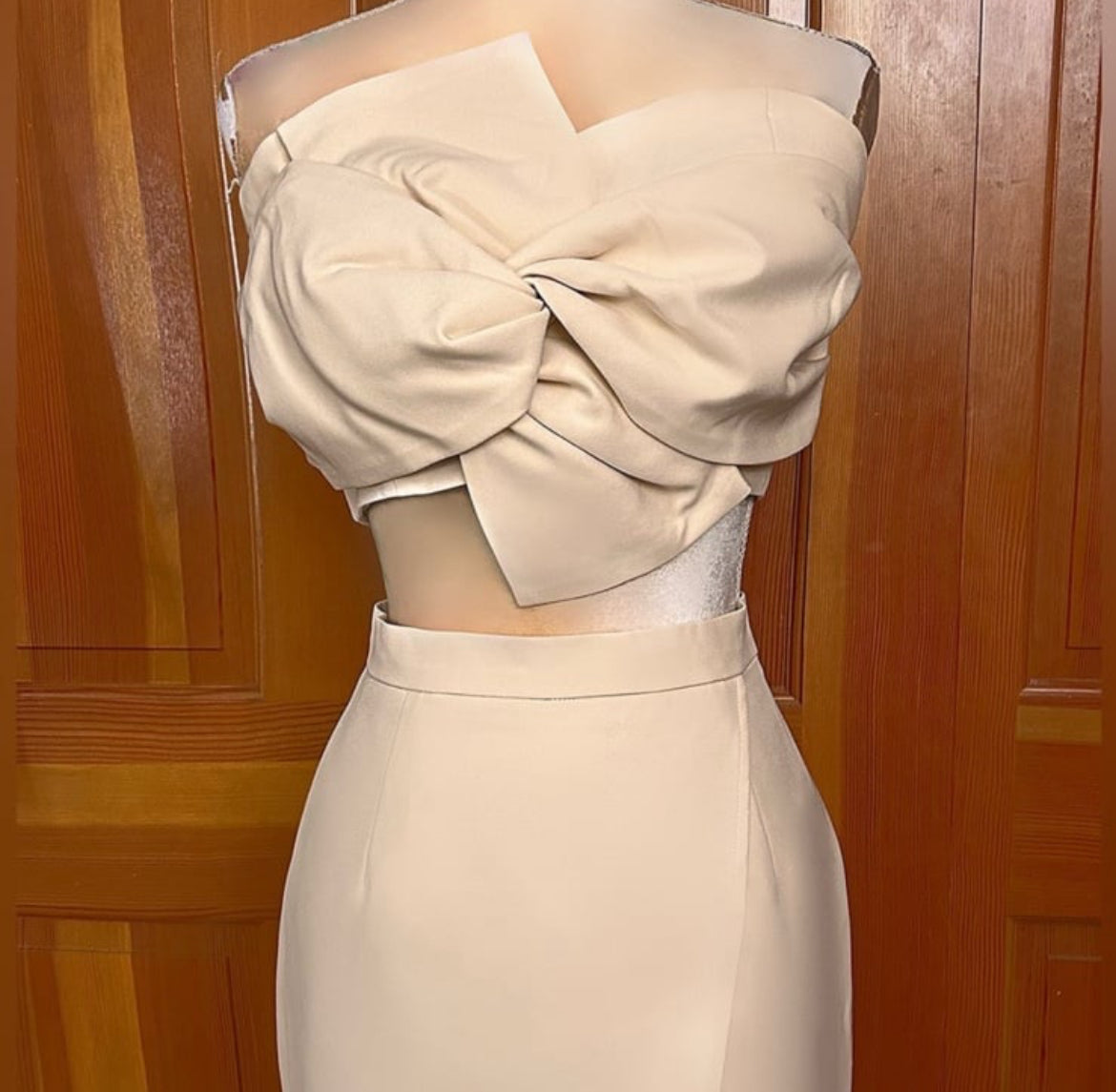 Two Piece Strapless Champagne Colored Dress with Bowknot Split