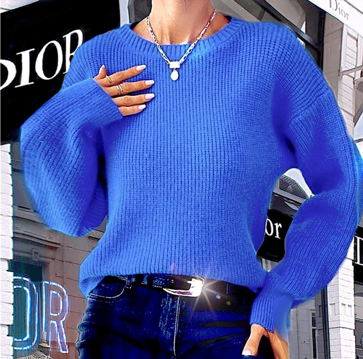 Royal Blue Drop Shoulder Ribbed knit Sweater
