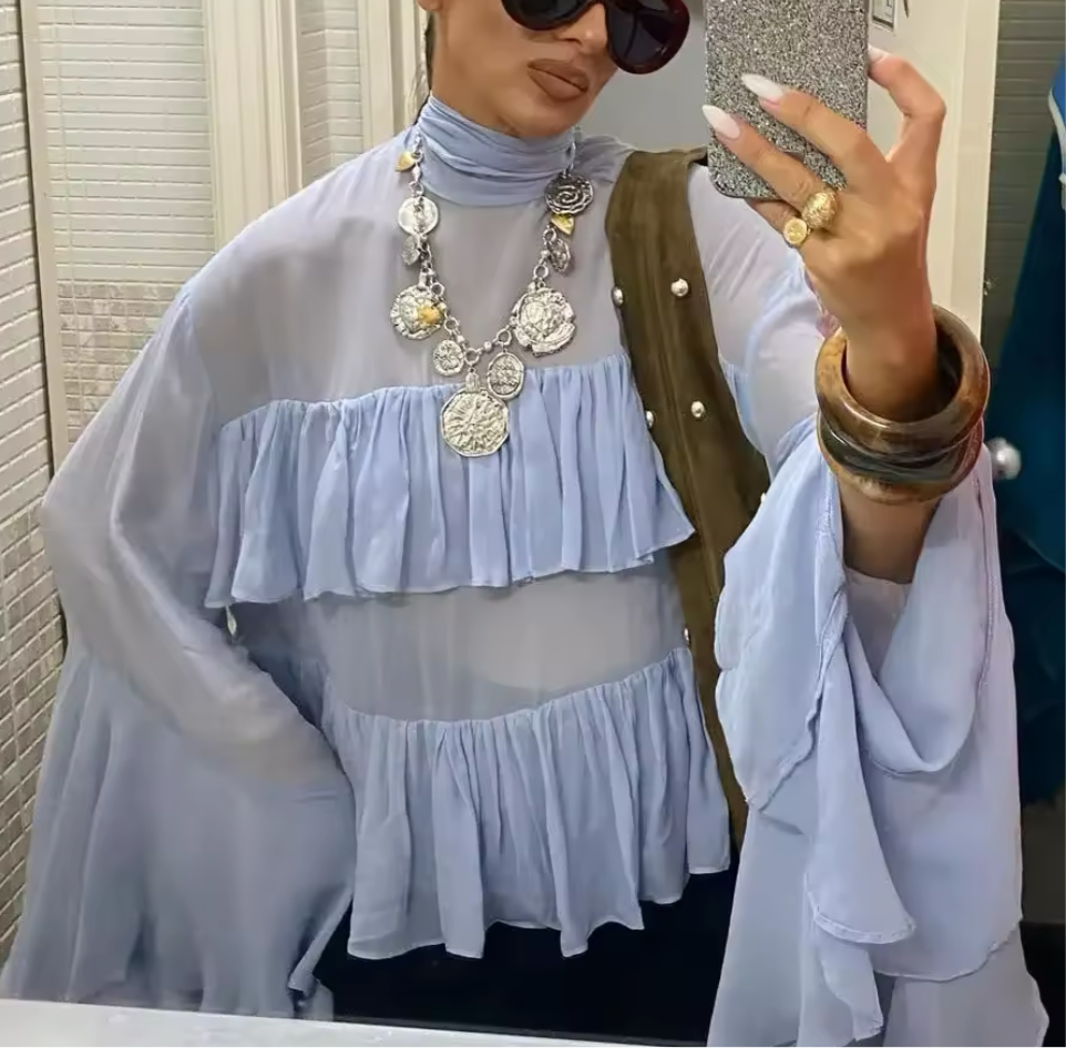 Chiffon Blue Exaggerated Ruffle Layer Blouse