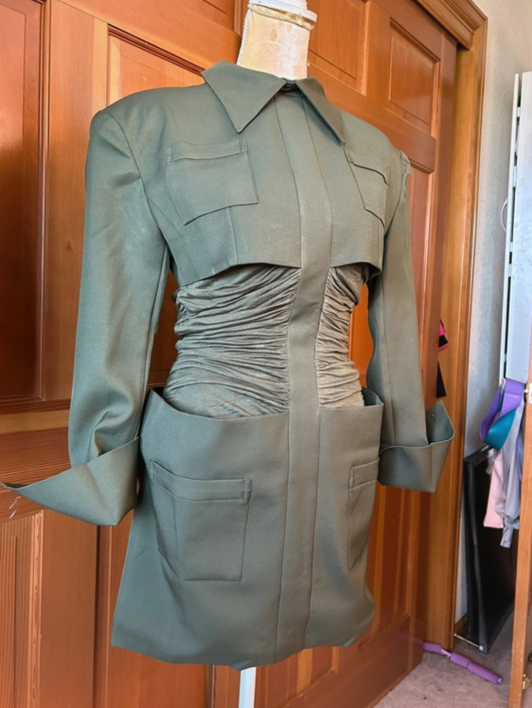 Rouched Designer Army Cape Mini Dress.