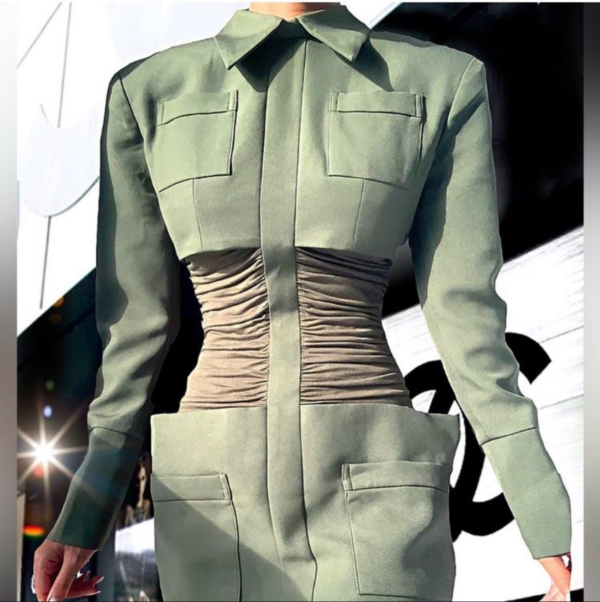 Rouched Designer Army Cape Mini Dress.