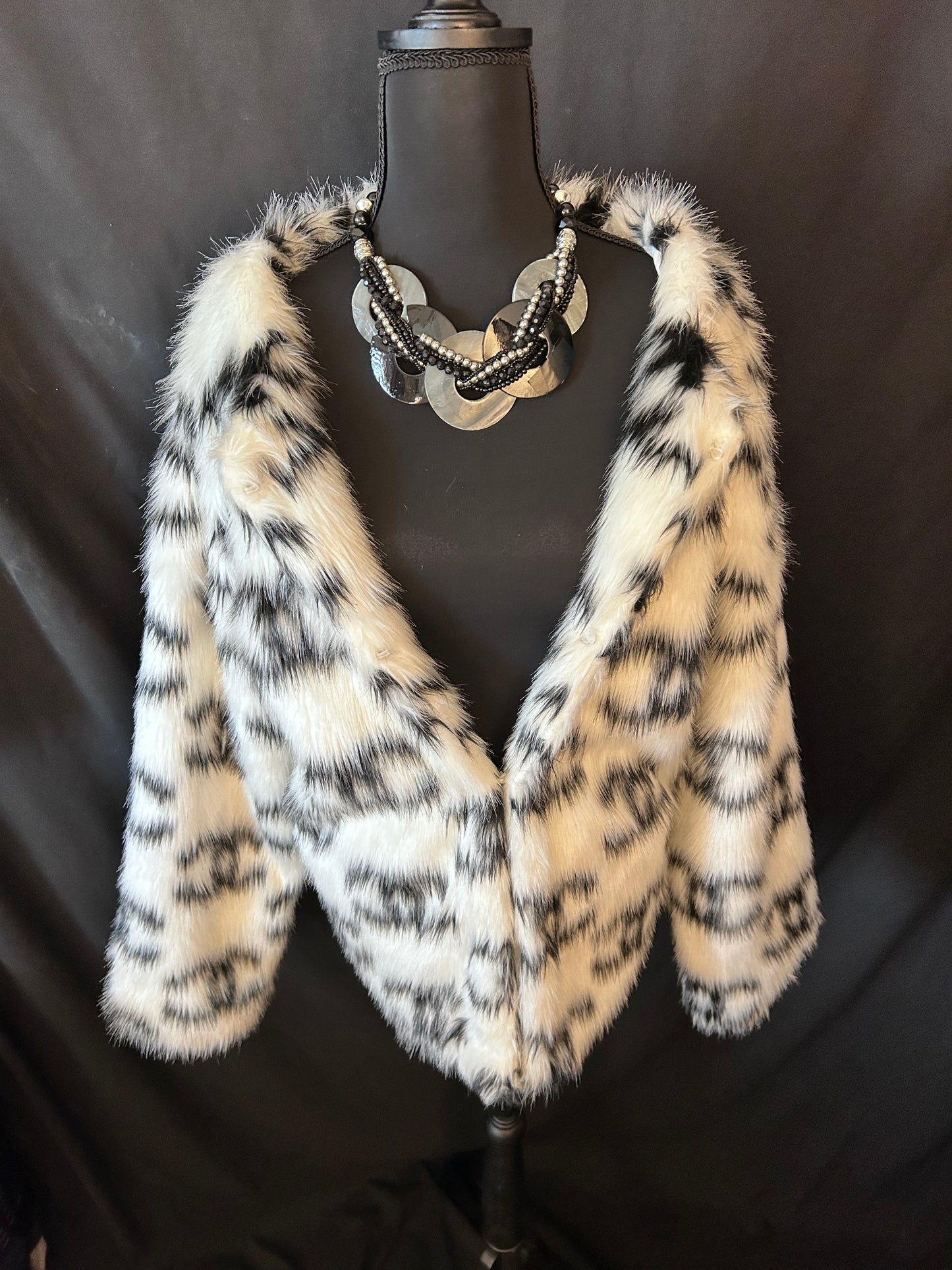 CC Salomon White and Black Faux Fur Designer Coat.