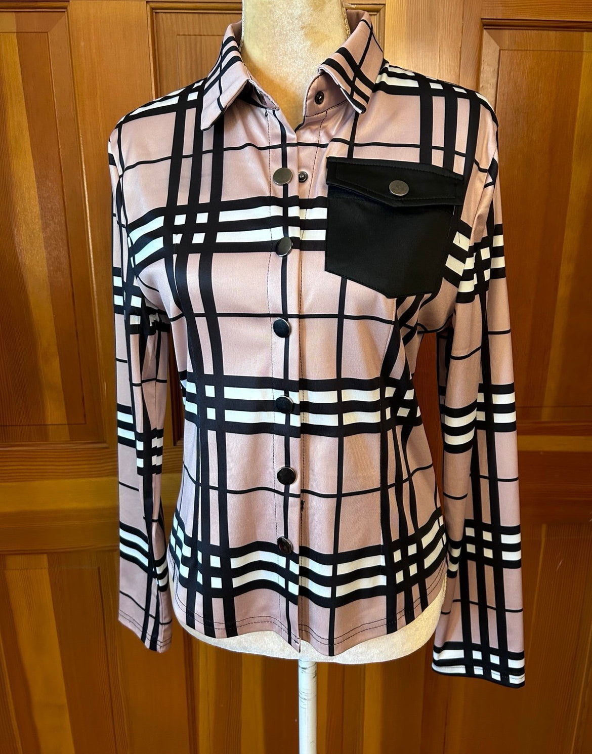 Designer Plaid Print Button Up Blouse.