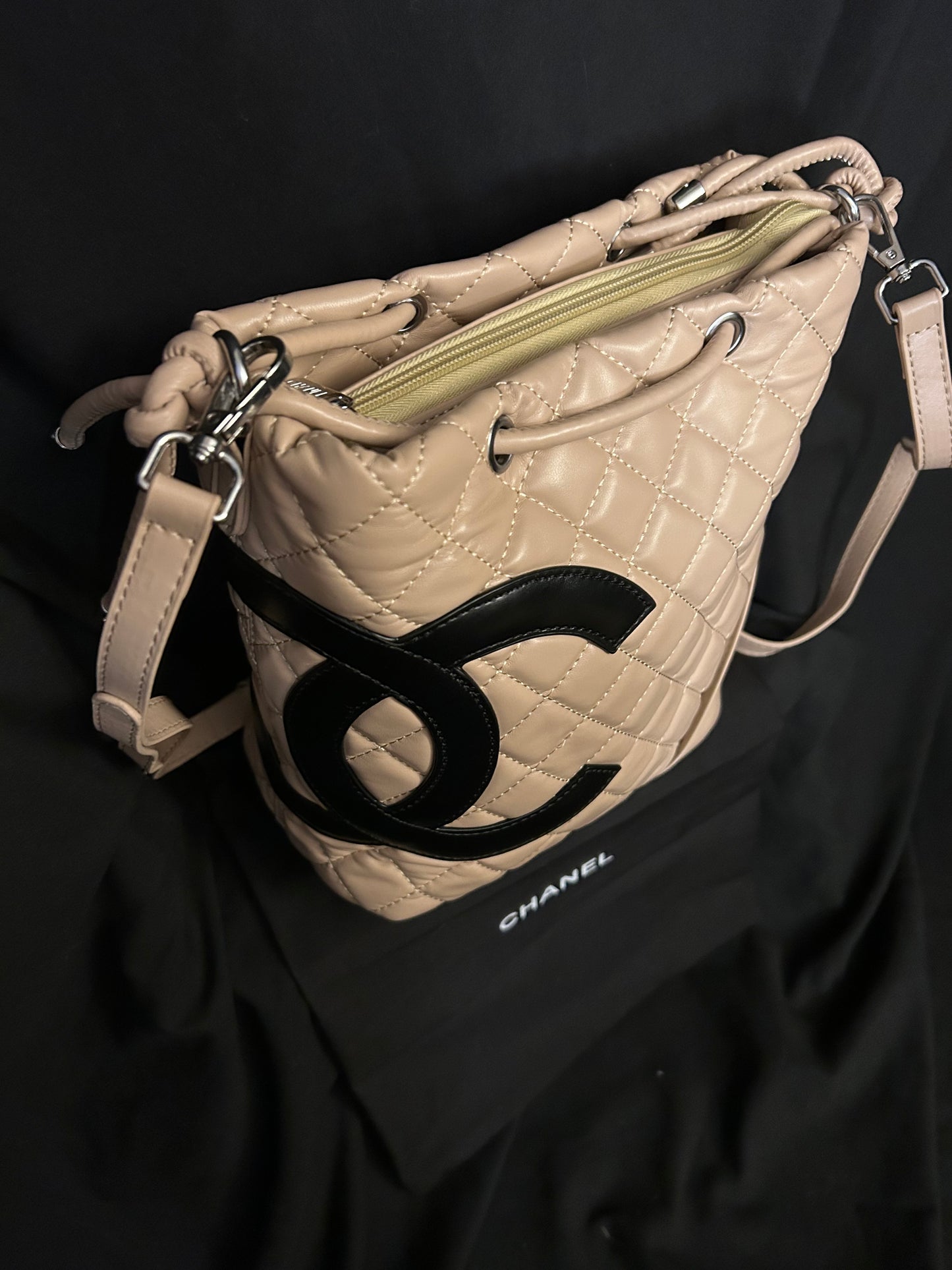 Beige Leather CC Logo Shoulder Bag/ Tote