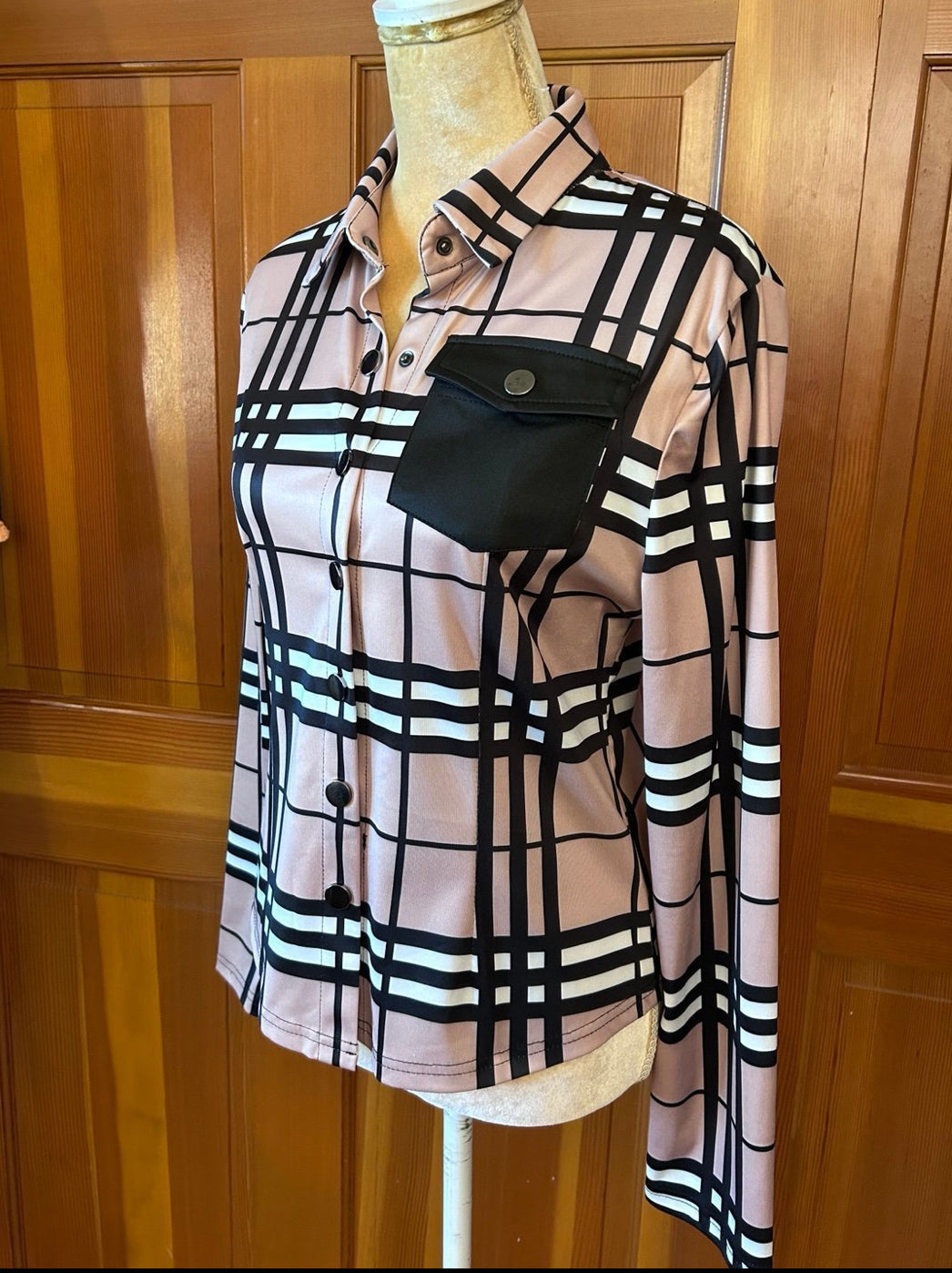 Designer Plaid Print Button Up Blouse.