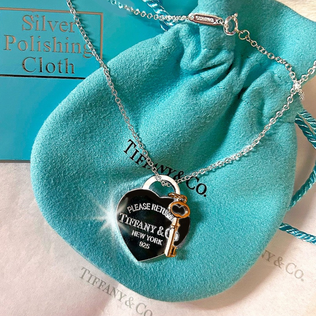 925 Silver and Rose-gold Heart Key Pendant Necklace