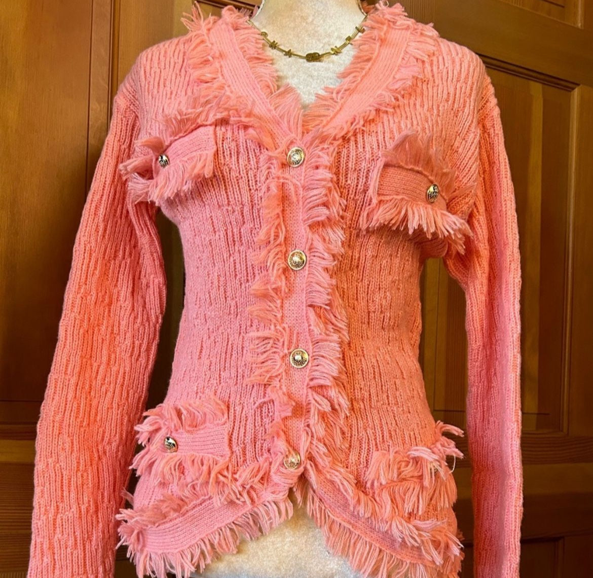Coral Fringed Button Up Cardigan.