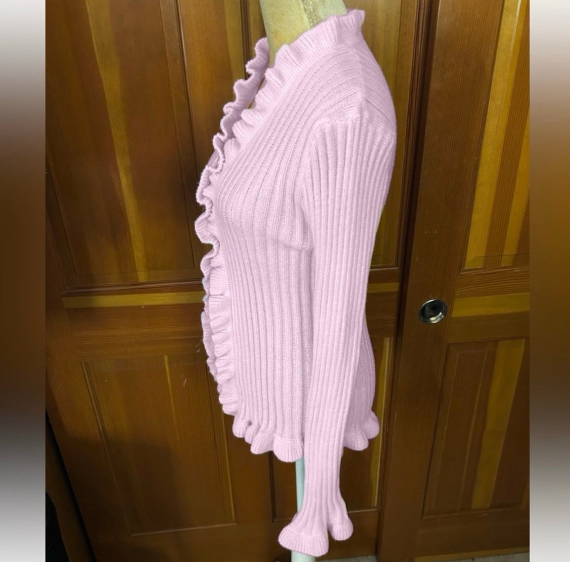 Ruffle Trim Baby Pink Button Up Sweater.