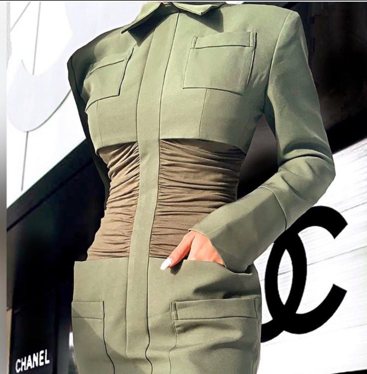 Rouched Designer Army Cape Mini Dress.