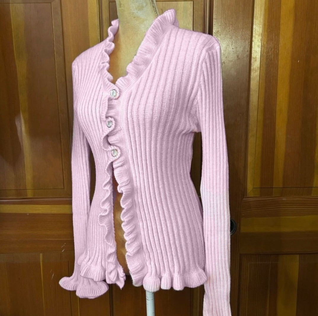 Ruffle Trim Baby Pink Button Up Sweater.