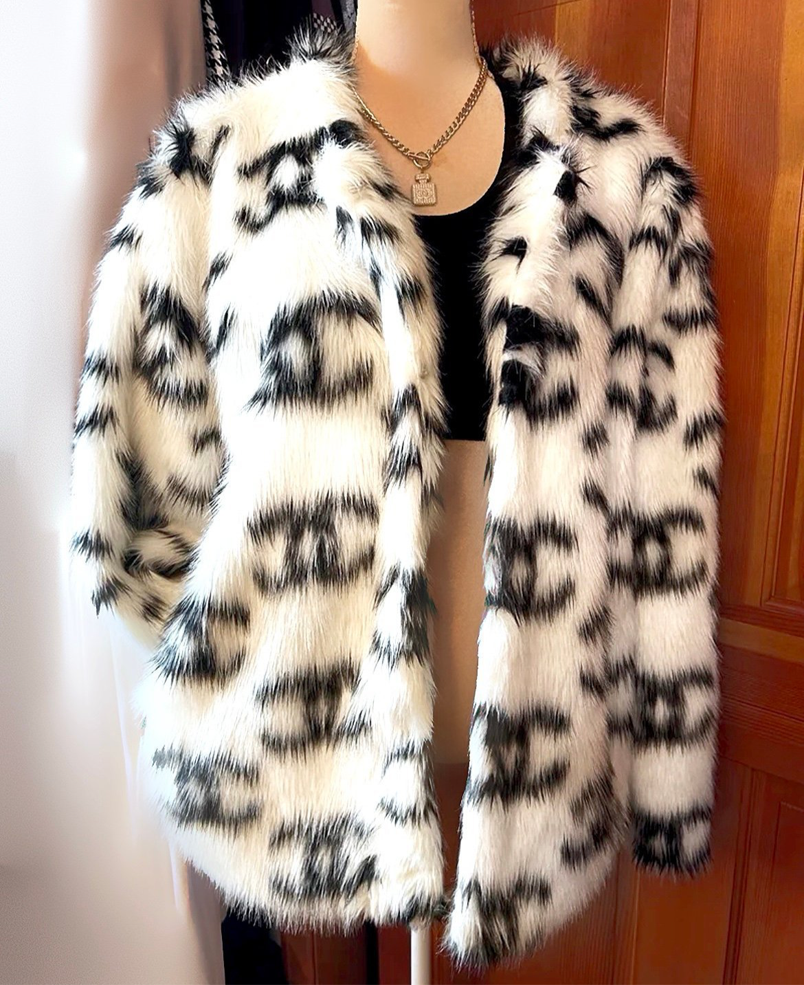 CC Salomon White and Black Faux Fur Designer Coat.