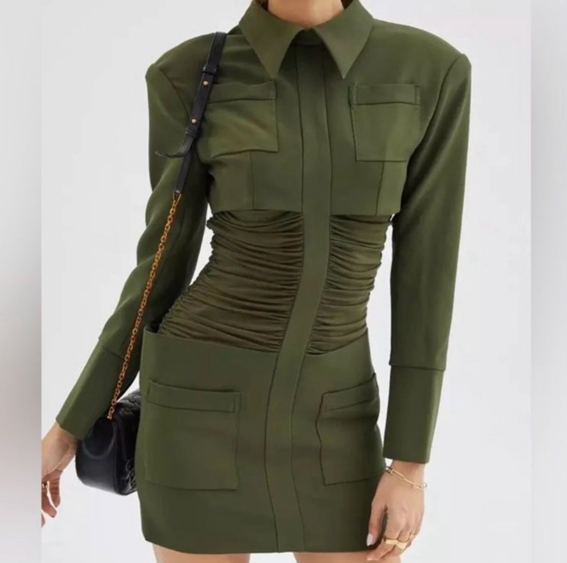 Rouched Designer Army Cape Mini Dress.