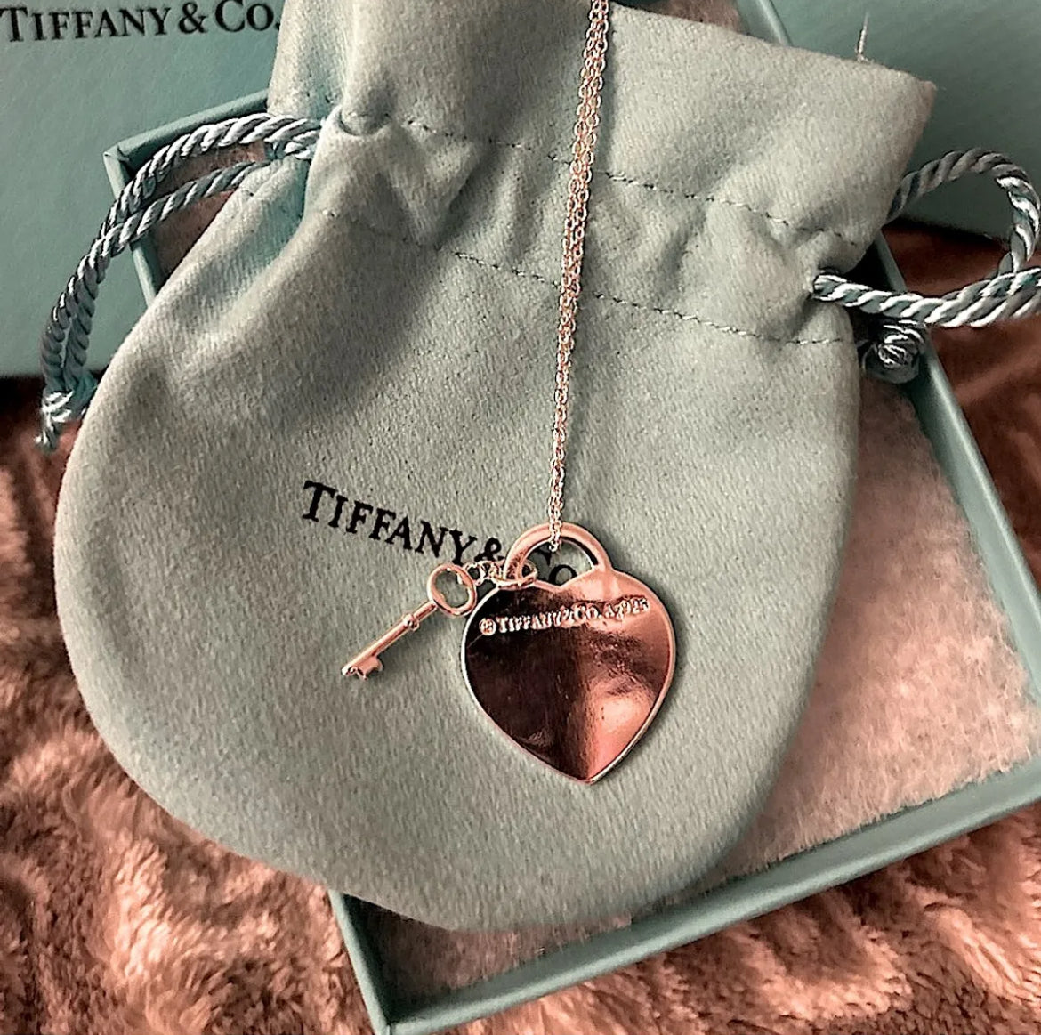 Silver Heart Stamped Pendant and Key Necklace