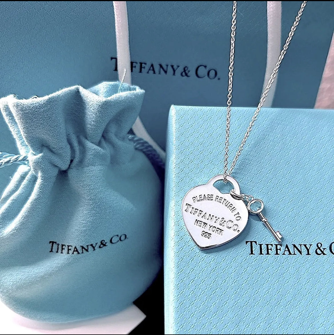 Silver Heart Stamped Pendant and Key Necklace