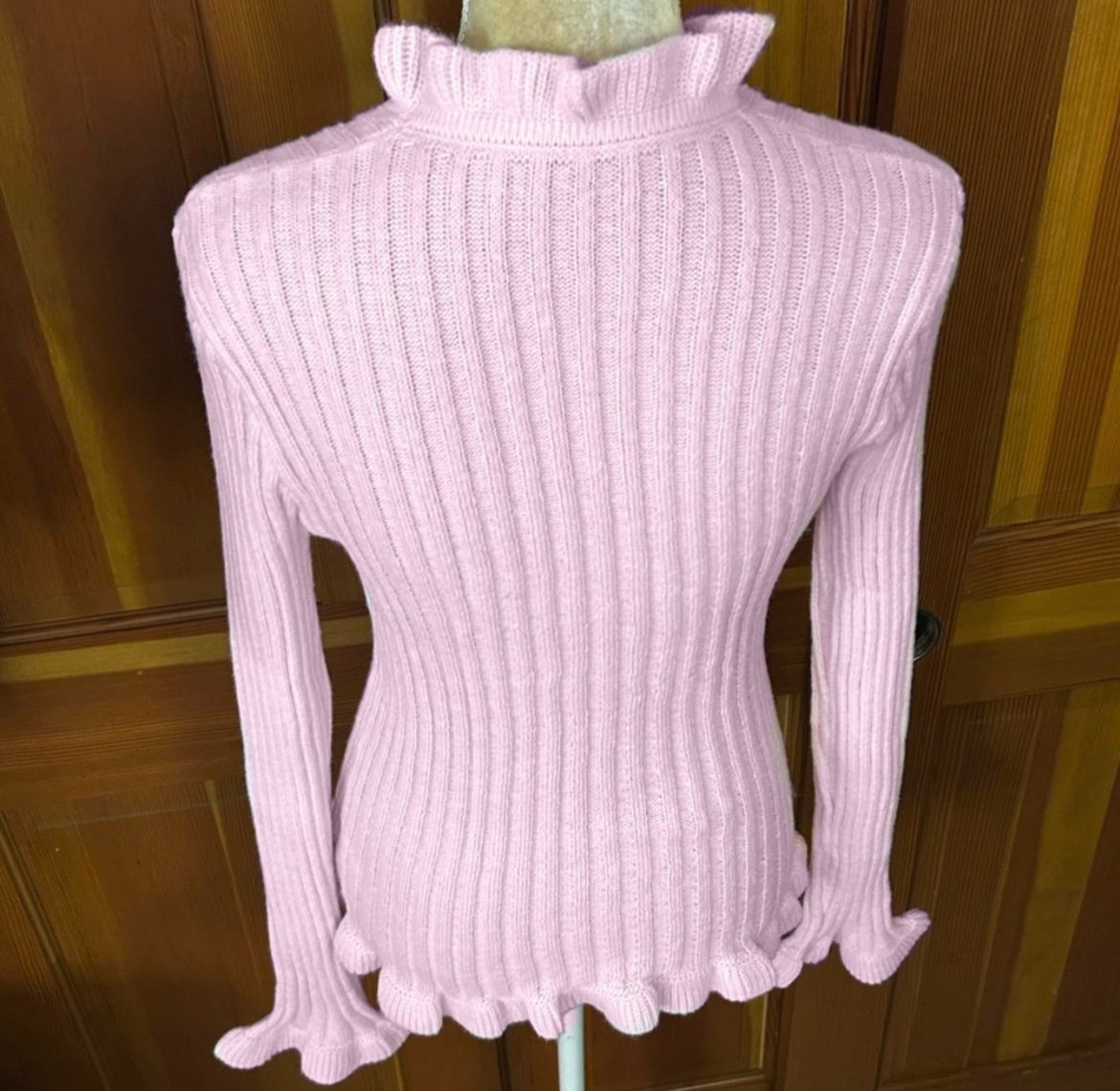 Ruffle Trim Baby Pink Button Up Sweater.