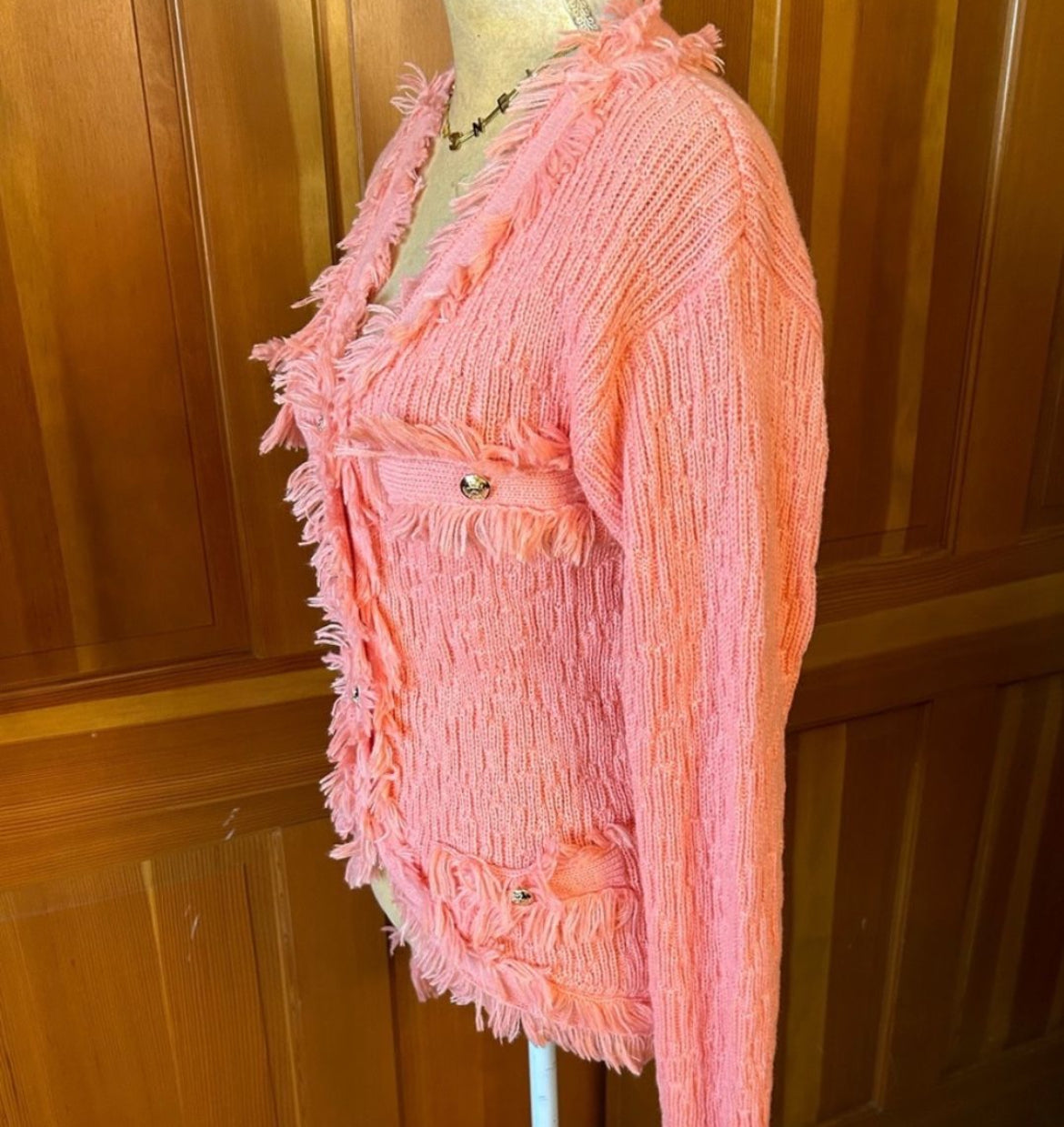 Coral Fringed Button Up Cardigan.