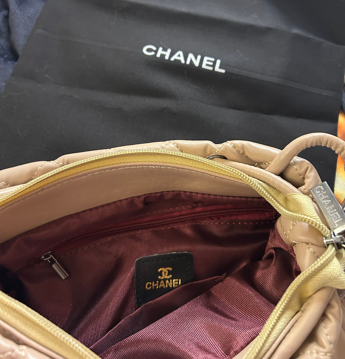 Beige Leather CC Logo Shoulder Bag/ Tote