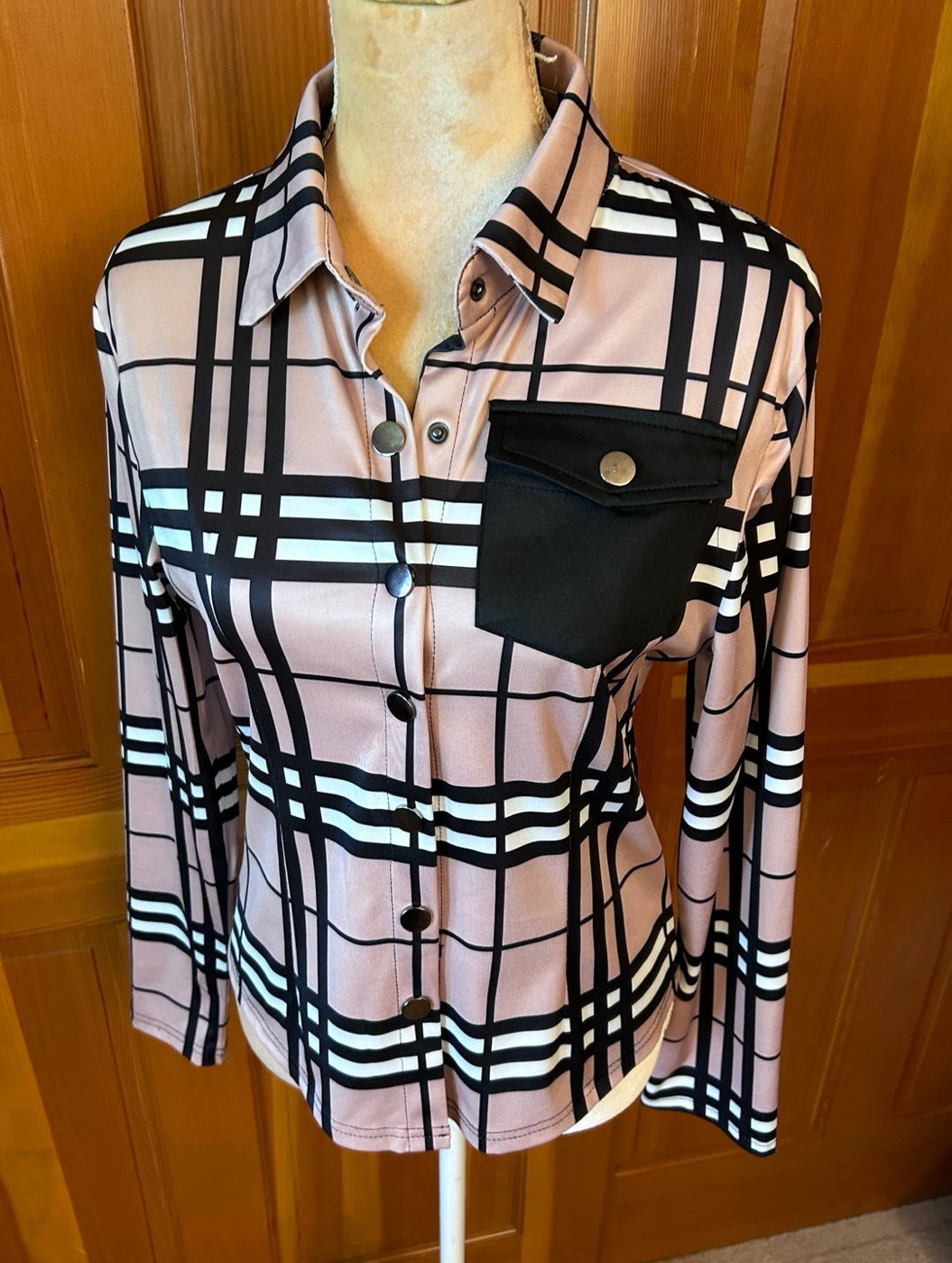 Designer Plaid Print Button Up Blouse.