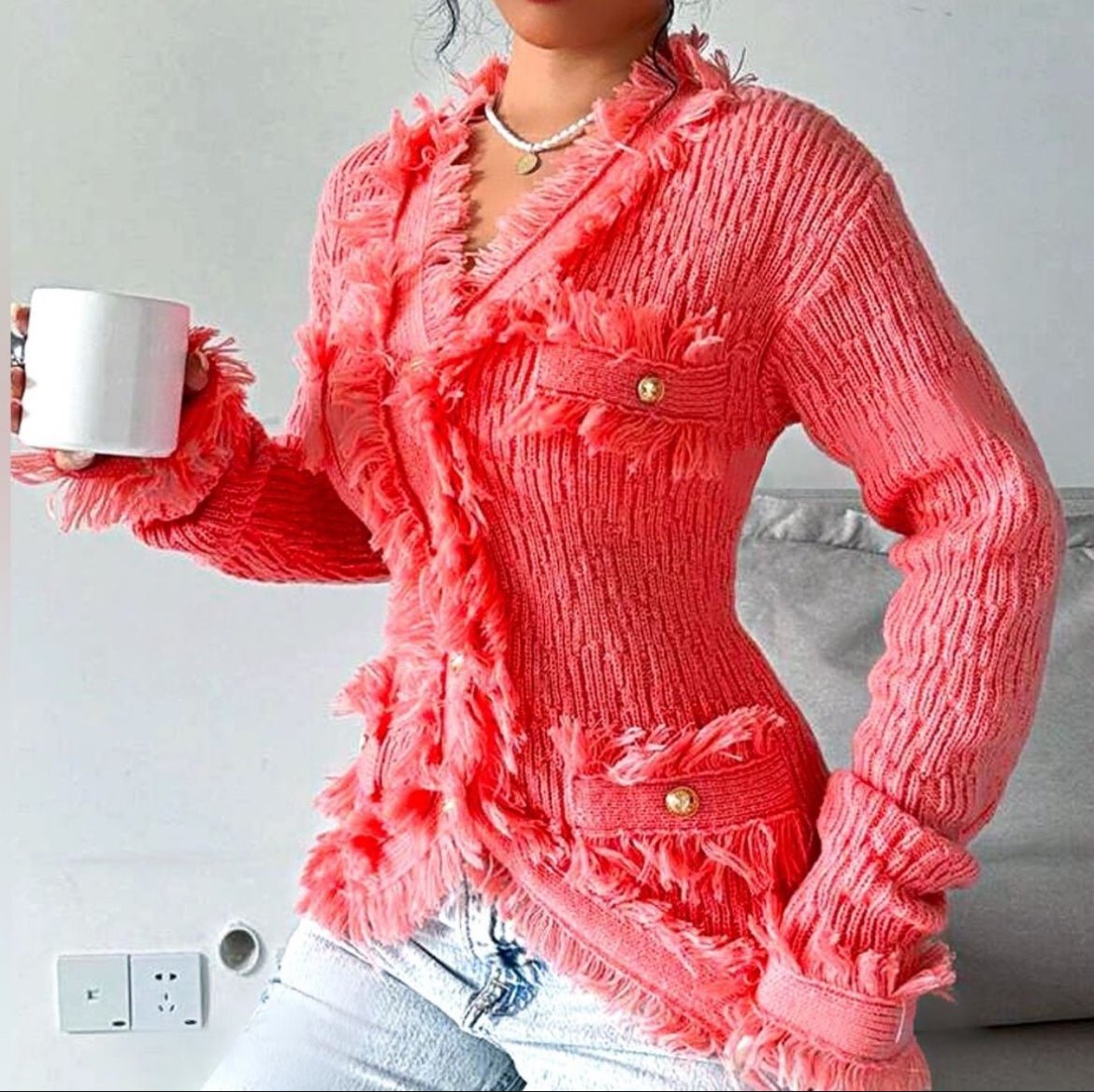 Coral Fringed Button Up Cardigan.