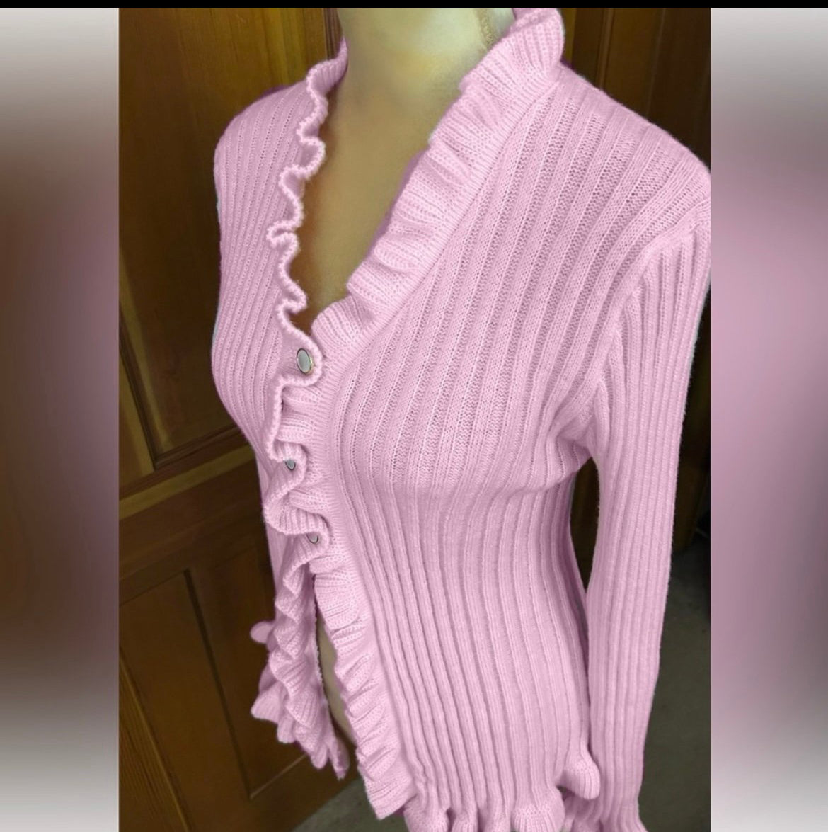 Ruffle Trim Baby Pink Button Up Sweater.