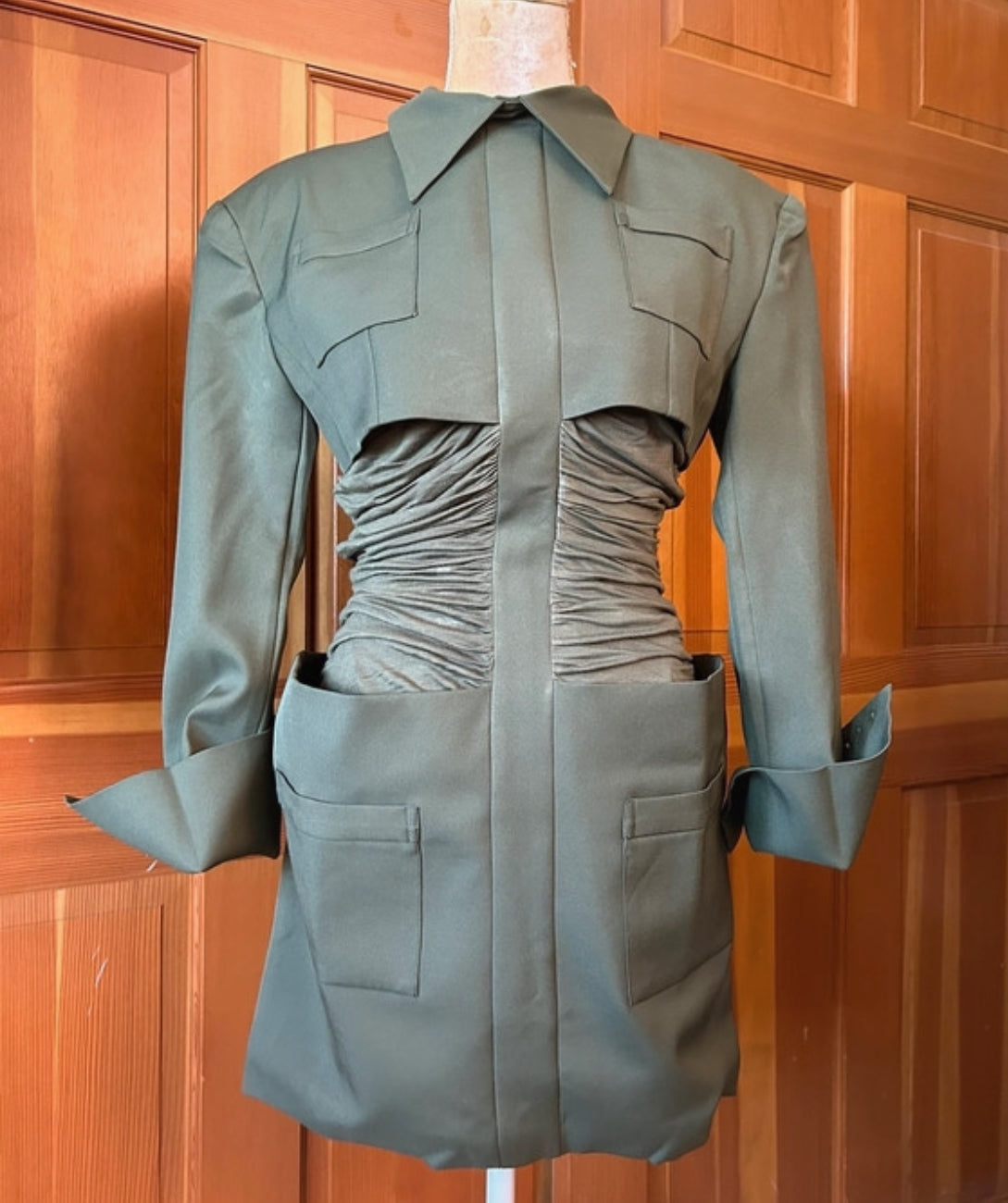 Rouched Designer Army Cape Mini Dress.