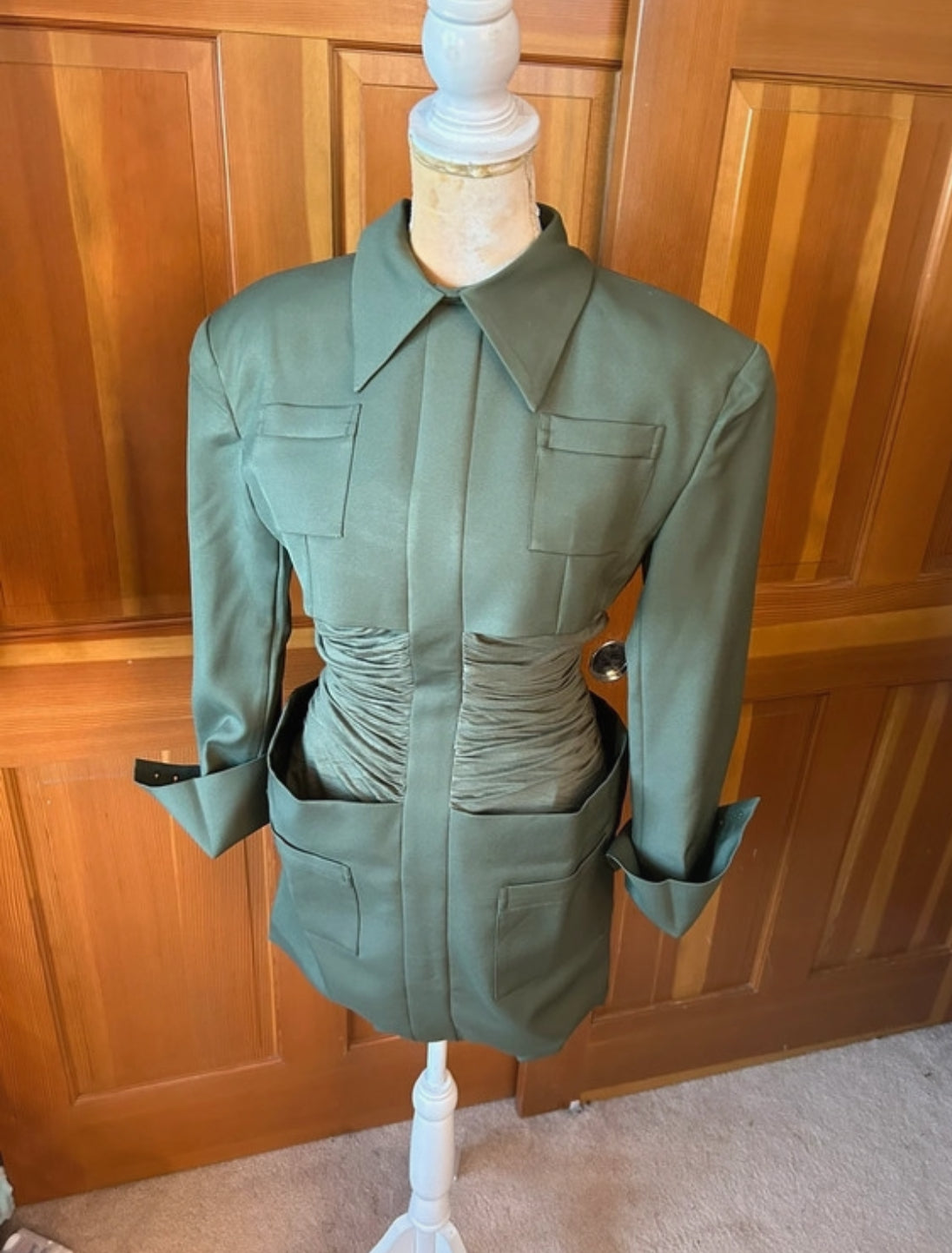 Rouched Designer Army Cape Mini Dress.