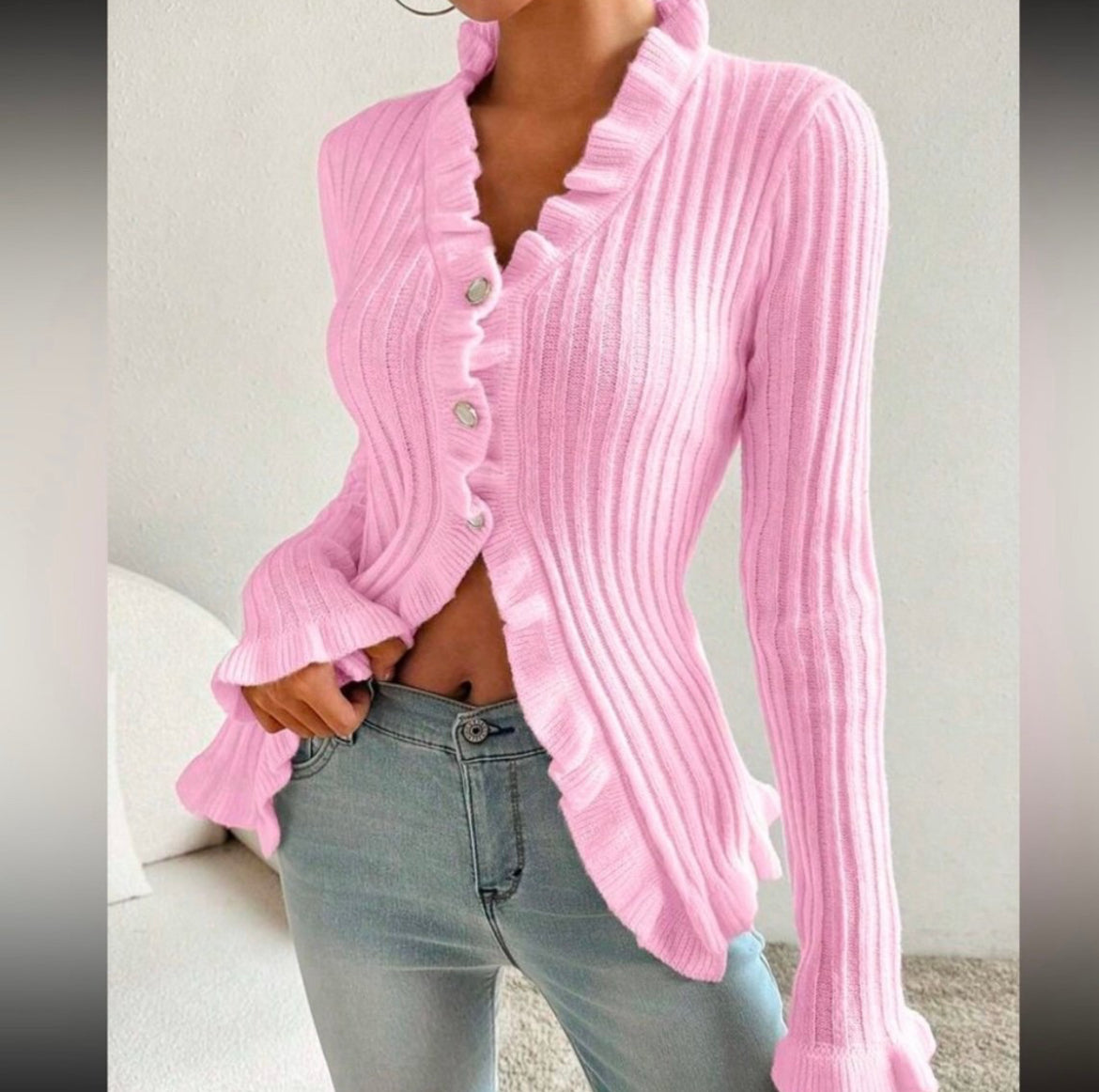 Ruffle Trim Baby Pink Button Up Sweater.