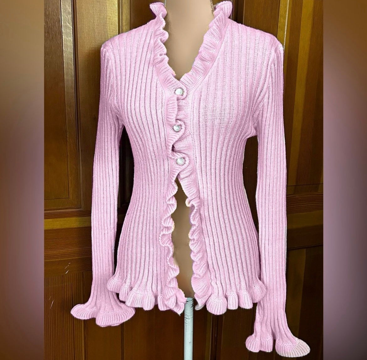 Ruffle Trim Baby Pink Button Up Sweater.