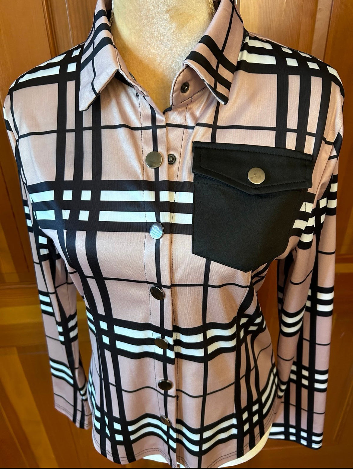 Designer Plaid Print Button Up Blouse.