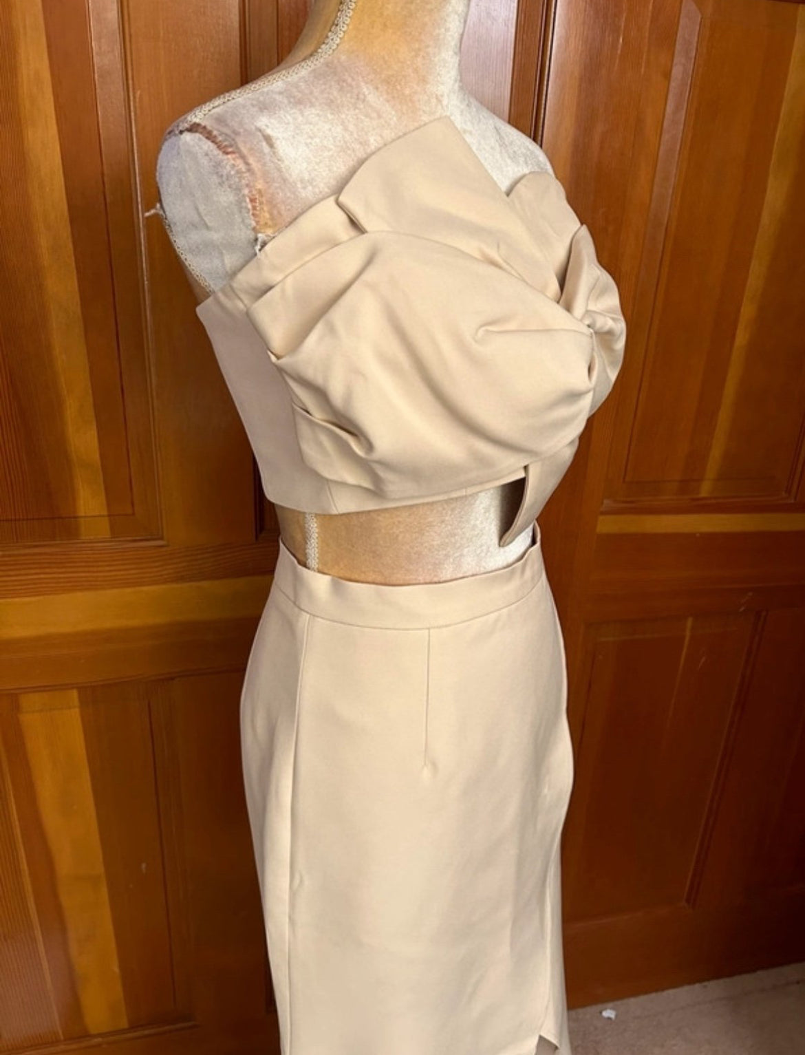 Two Piece Strapless Champagne Colored Dress with Bowknot Split