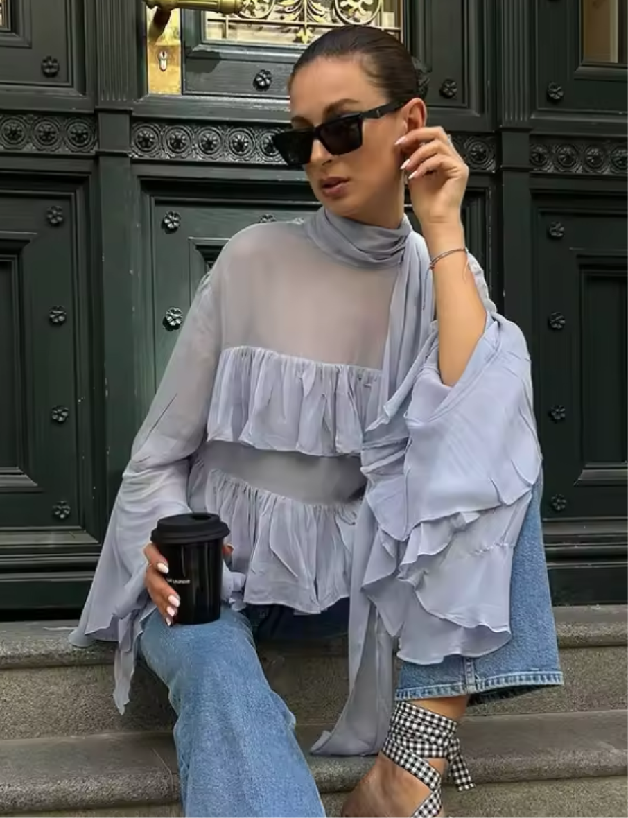 Chiffon Blue Exaggerated Ruffle Layer Blouse