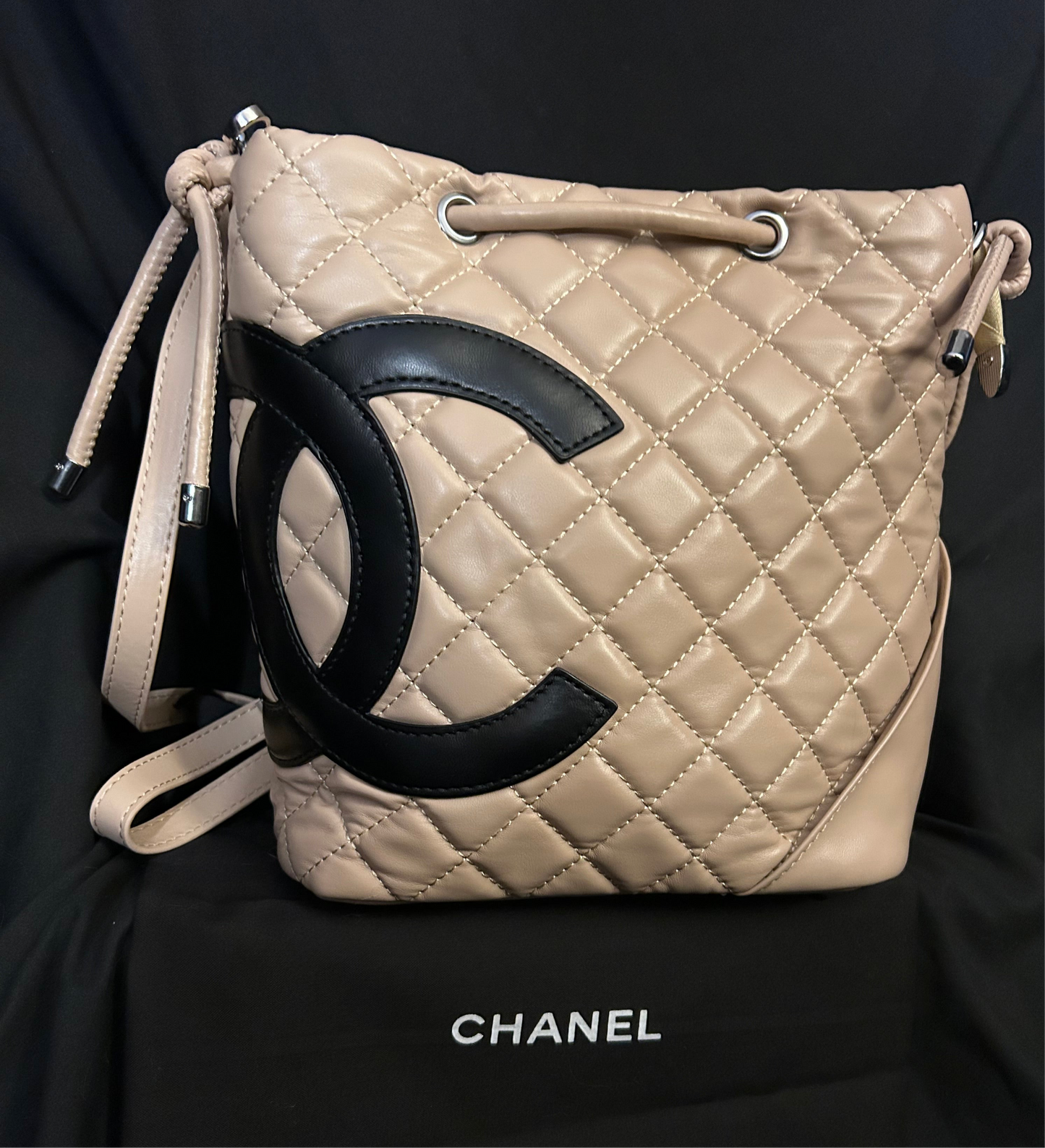 Beige Leather CC Logo Shoulder Bag/ Tote