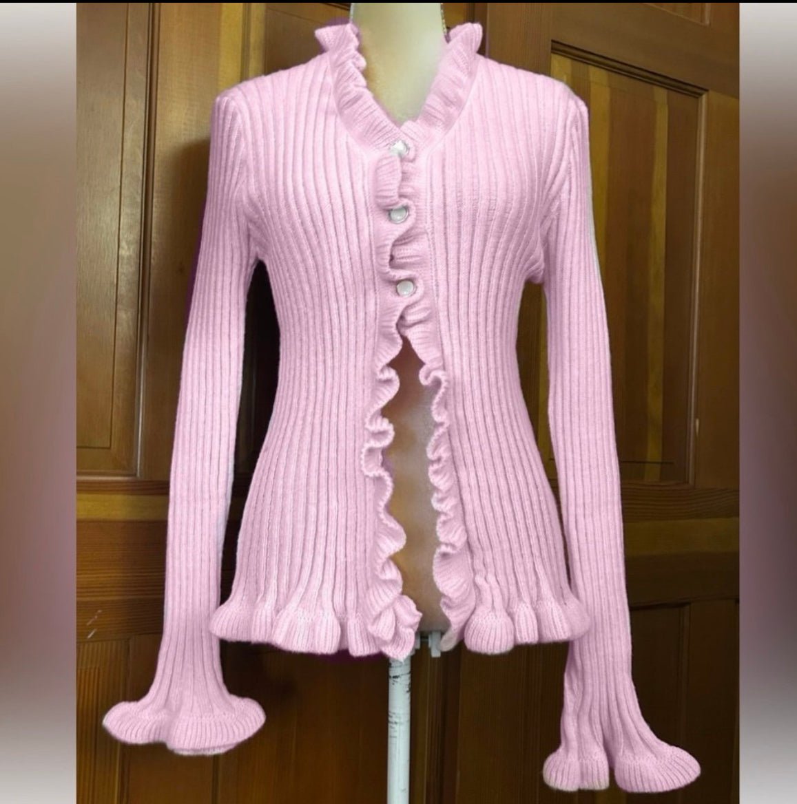 Ruffle Trim Baby Pink Button Up Sweater.