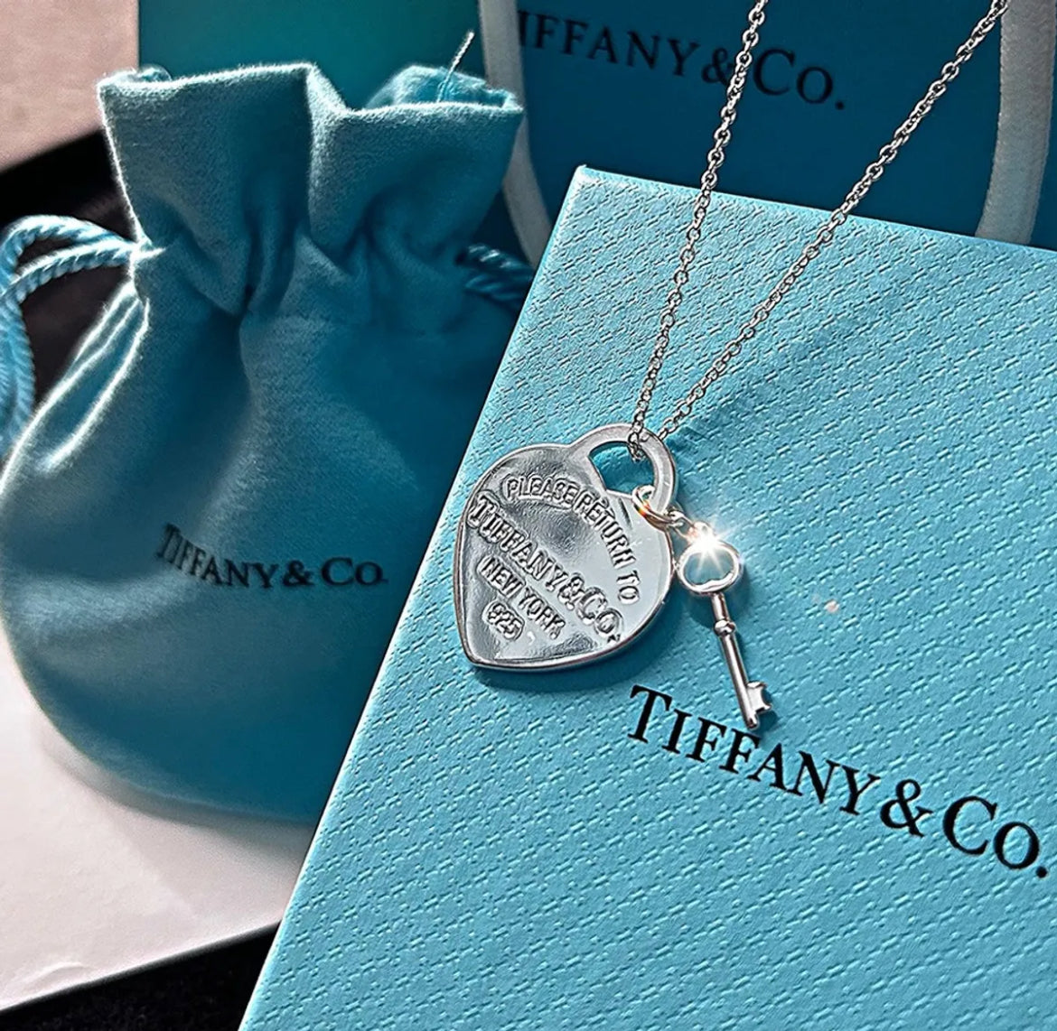 Silver Heart Stamped Pendant and Key Necklace