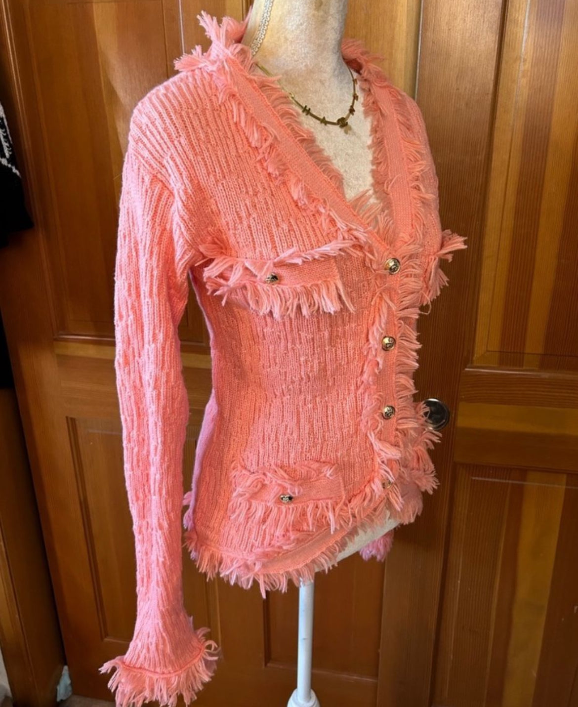 Coral Fringed Button Up Cardigan.