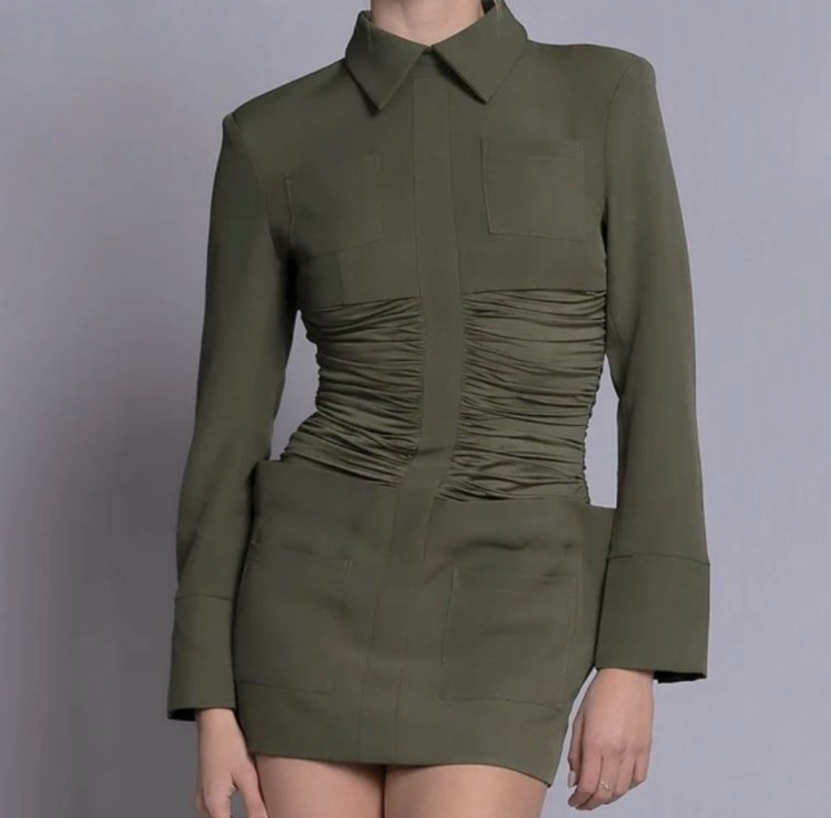 Rouched Designer Army Cape Mini Dress.