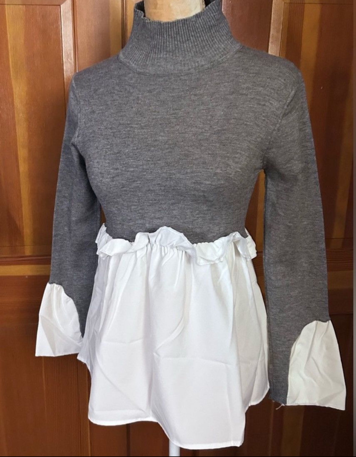2 in 1 Layered Gray Look Crop Turtle Neck & Asymmetric Shirt.