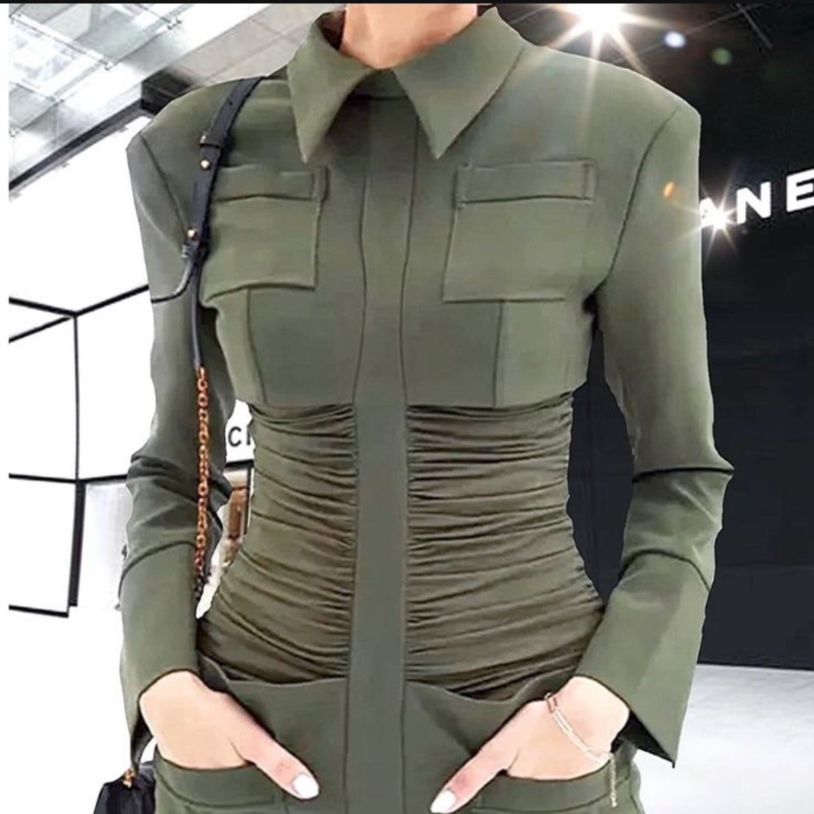 Rouched Designer Army Cape Mini Dress.