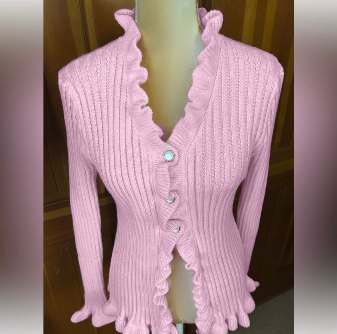 Ruffle Trim Baby Pink Button Up Sweater.