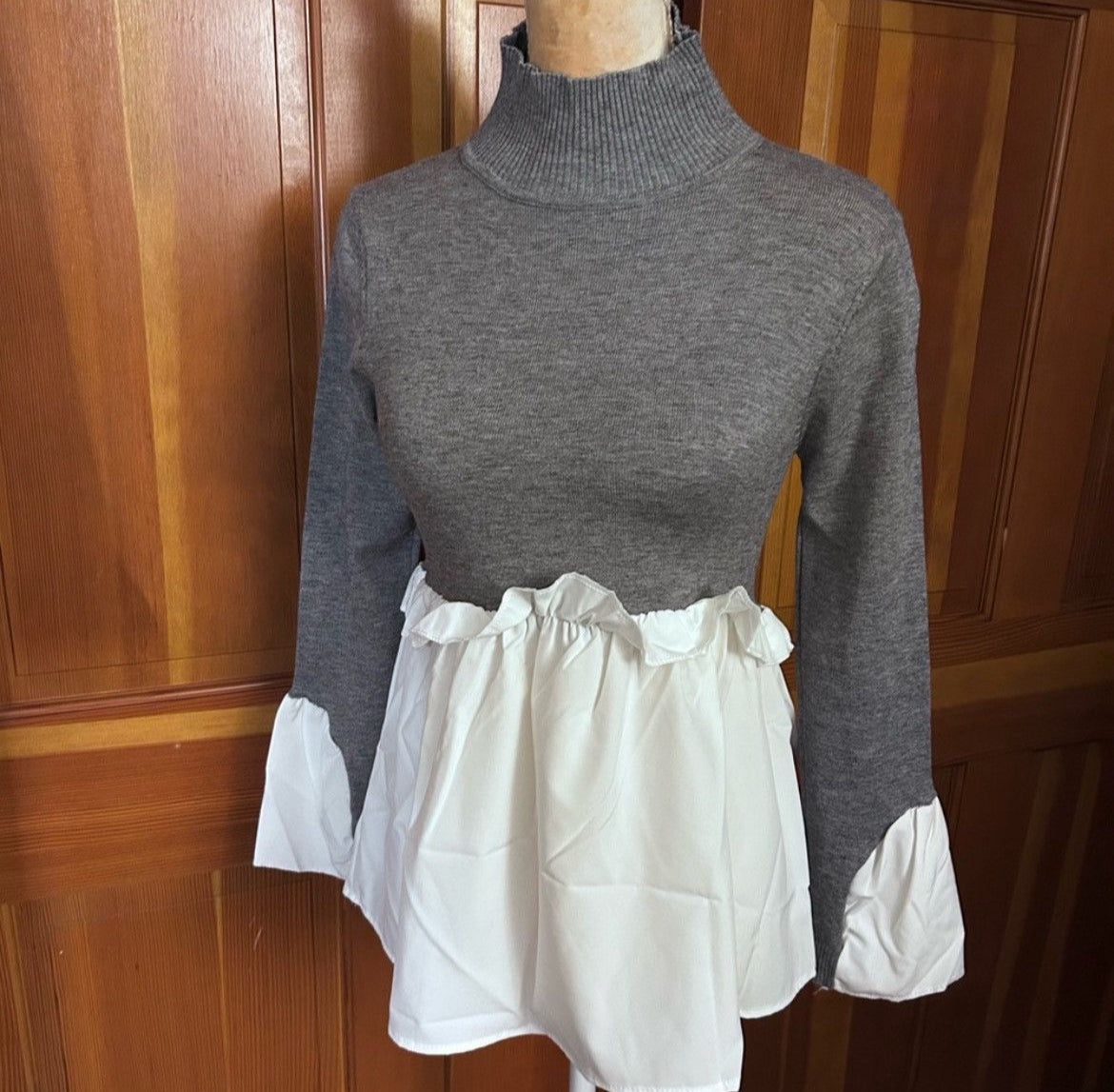 2 in 1 Layered Gray Look Crop Turtle Neck & Asymmetric Shirt.