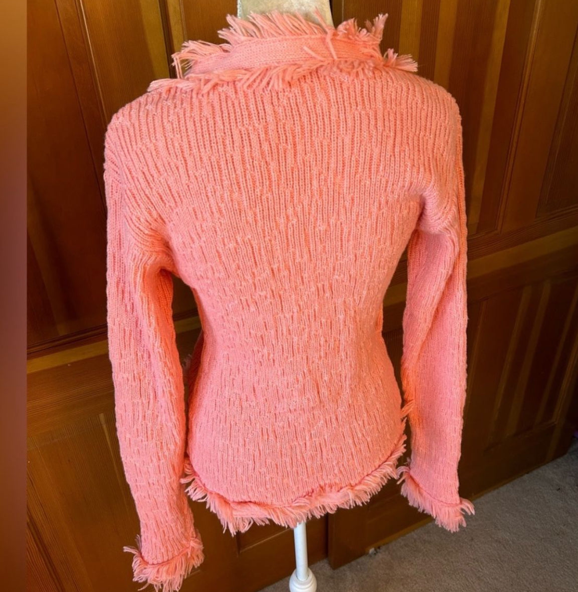 Coral Fringed Button Up Cardigan.